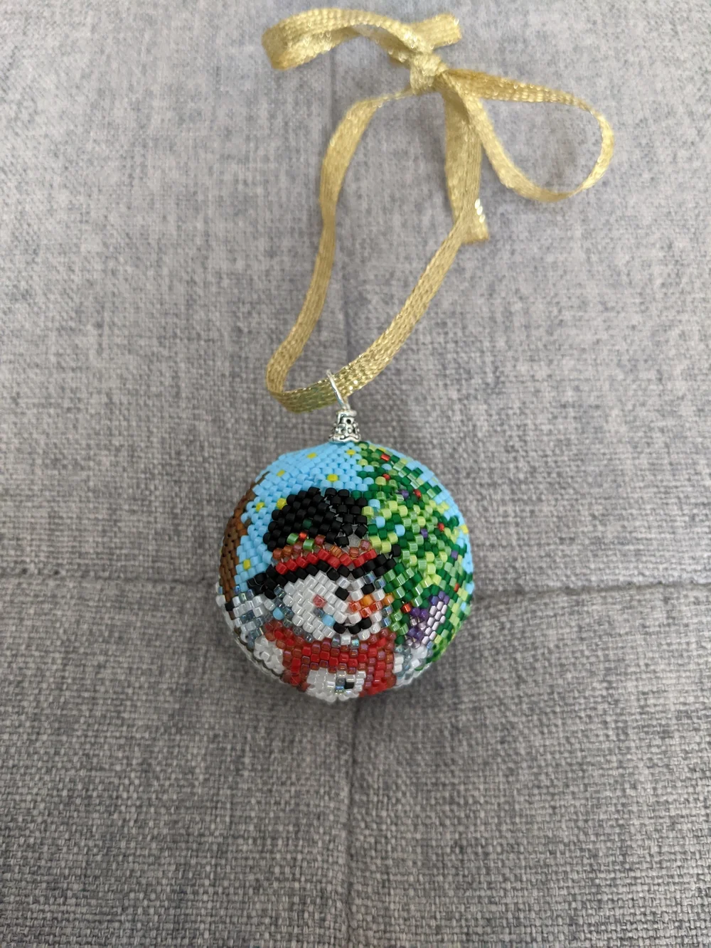 Handcrafted Beaded Snowman Ornament - Blue, Green, Red